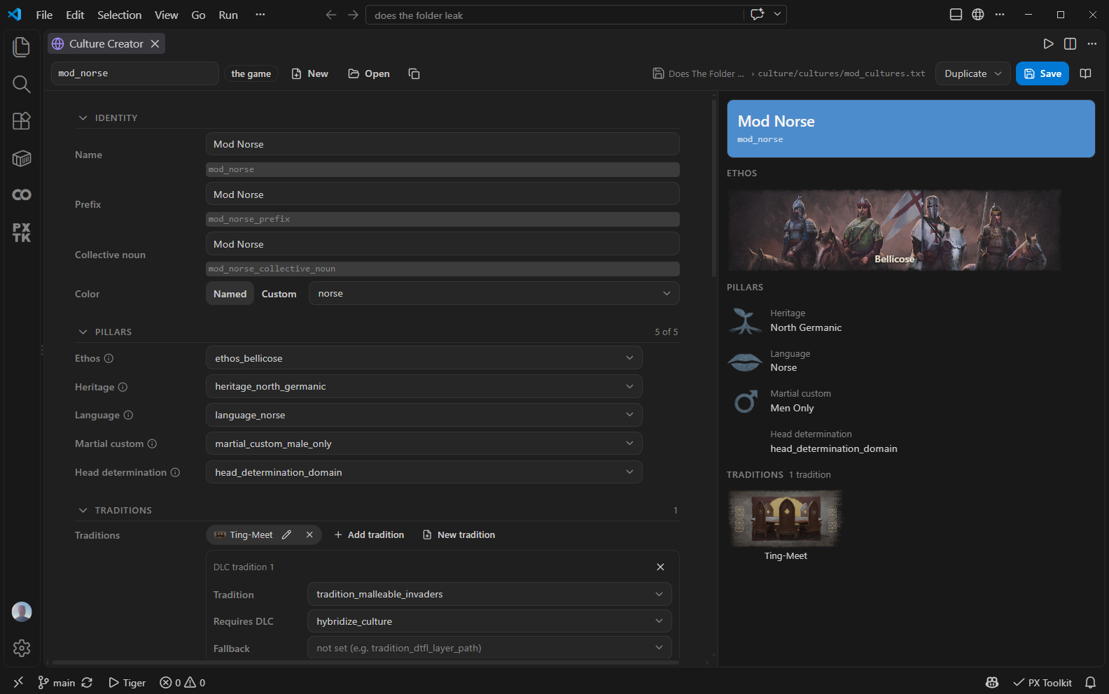 The Culture Creator: pillars, tradition chips and the culture window header as the preview