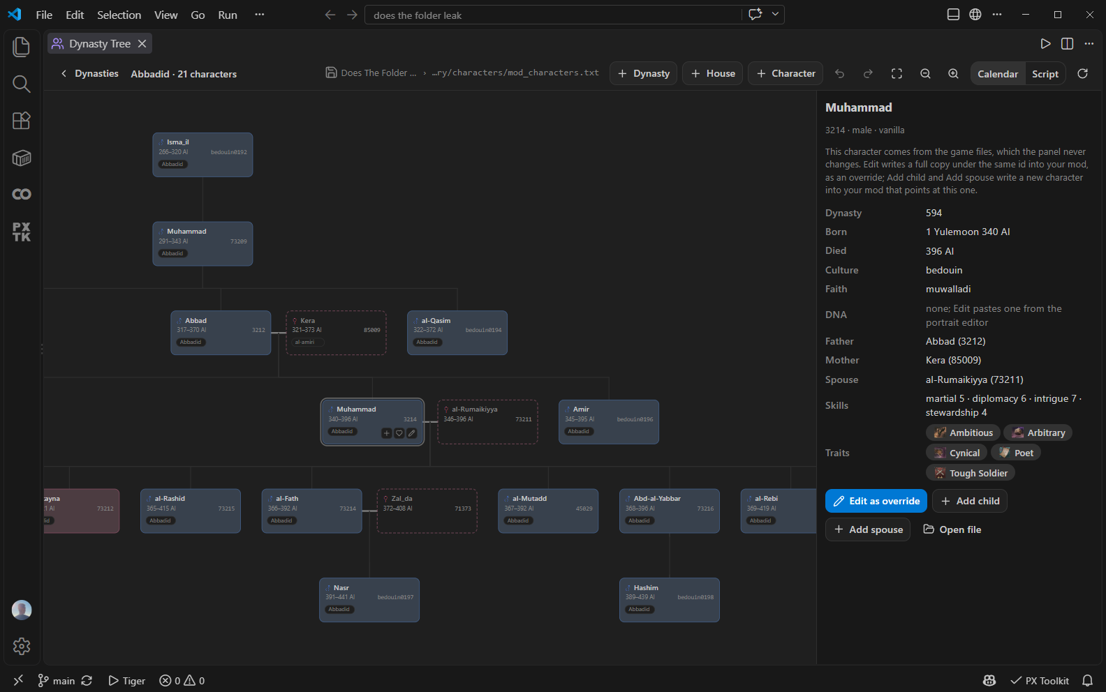 The Dynasty Tree: cards coloured by sex under marriage bars, the inspector open on one character, the Calendar / Script toggle in the toolbar