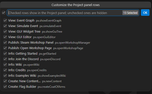 Project row customization lists only View, Create, Publish and Info actions