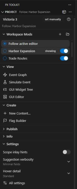 Project with selected focus mode, compact mod buttons and editor settings