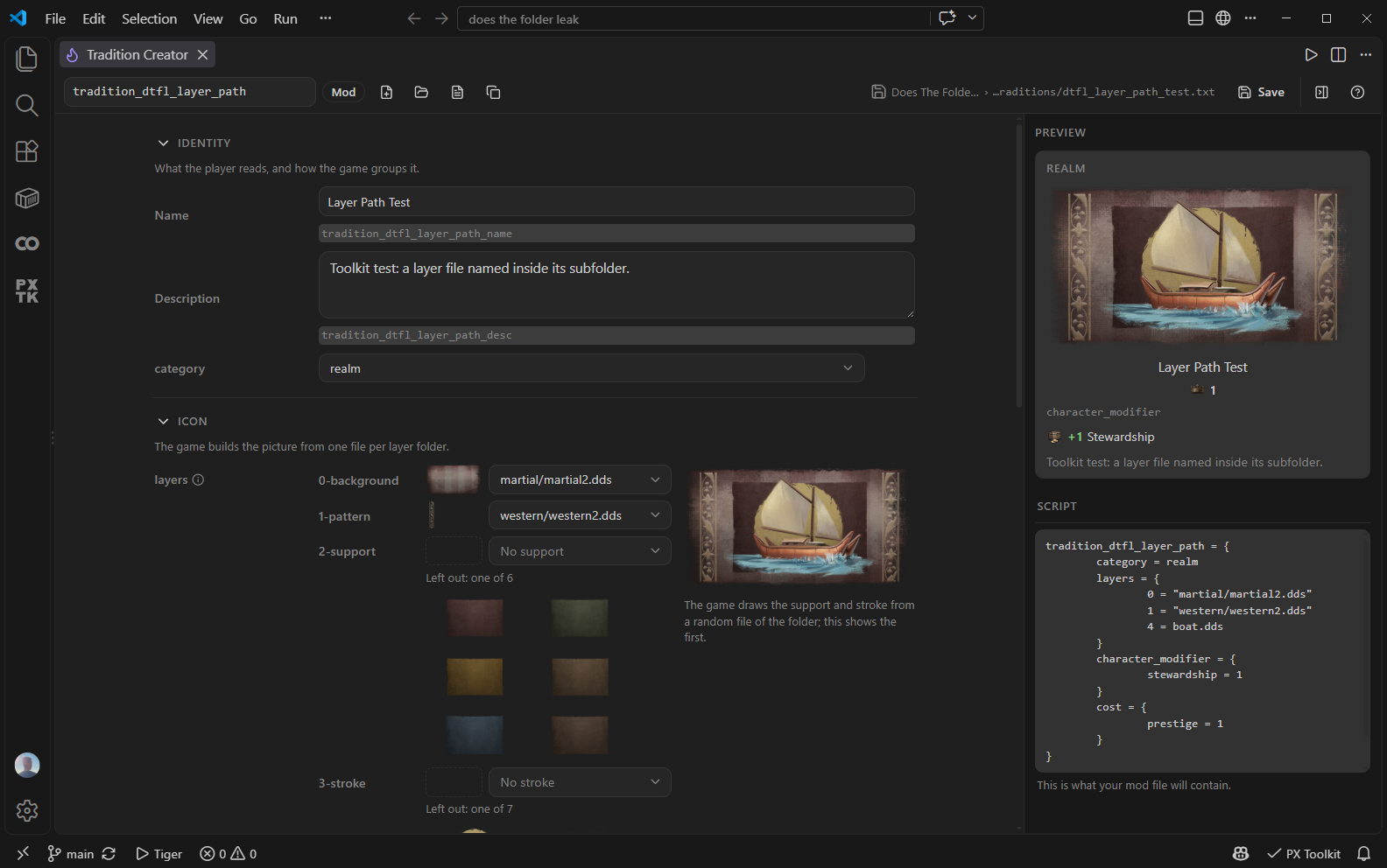 The Tradition Creator's icon section: a row per layer folder, the files a random layer can land on under it, and the composed tile