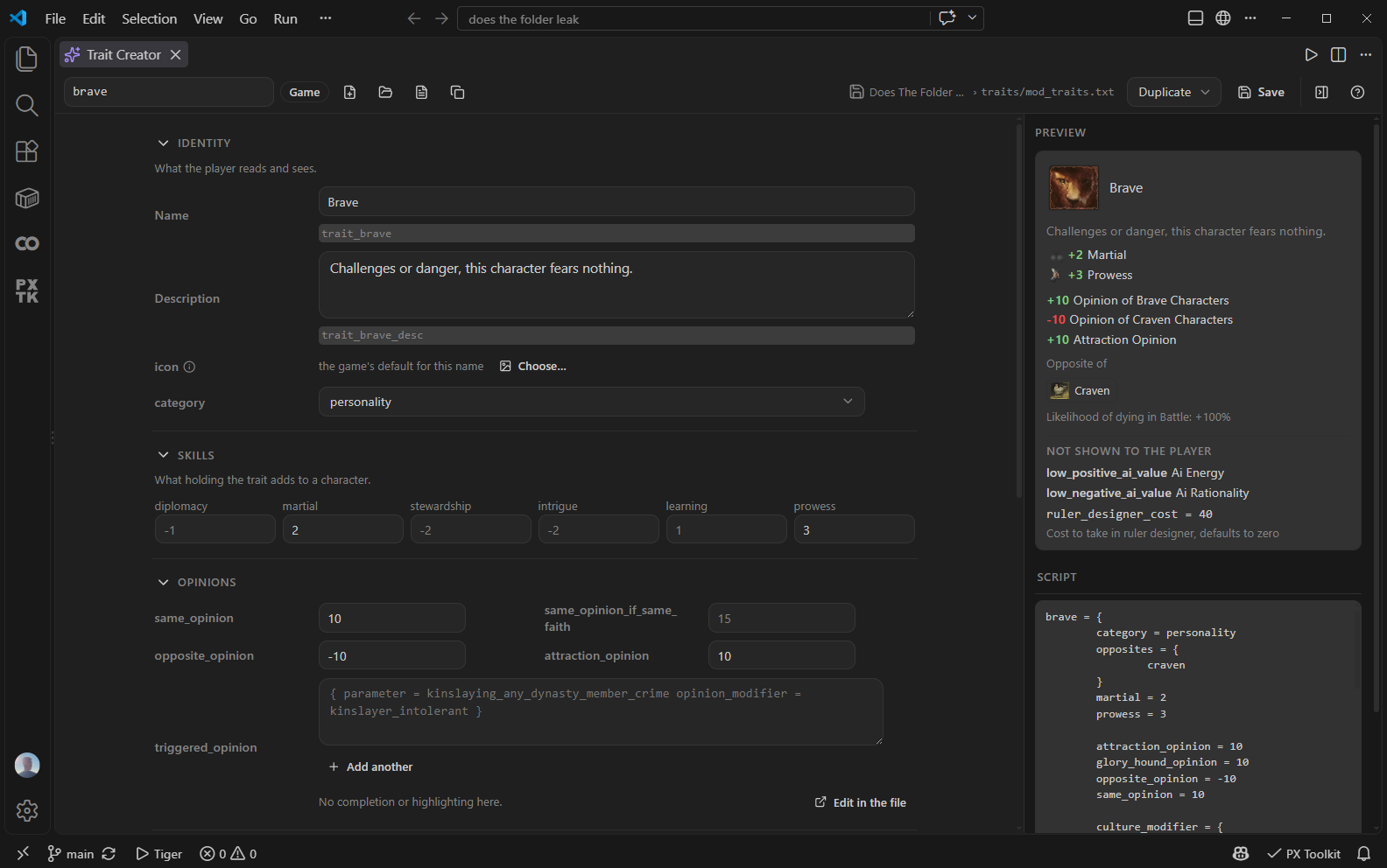 The Trait Creator: the form over the keys _traits.info documents, with the tooltip the game prints beside it