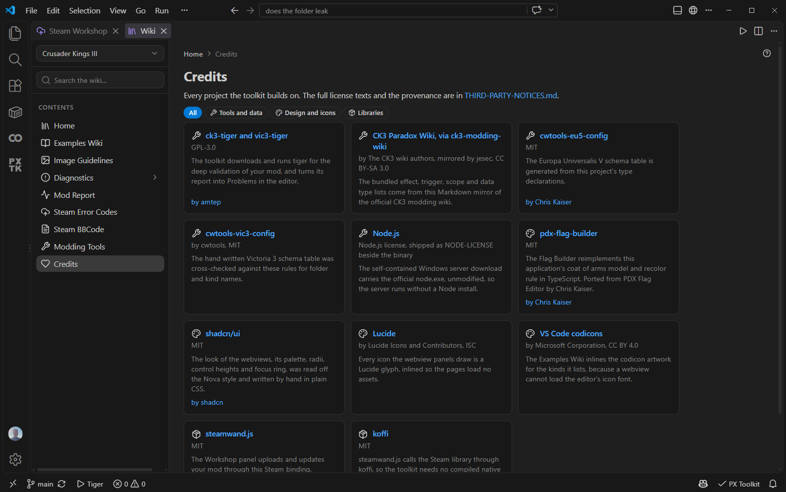 The Credits page of the Wiki hub as a grid of cards with the group filter above it
